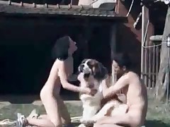 Hairy doggy and two cute sisters