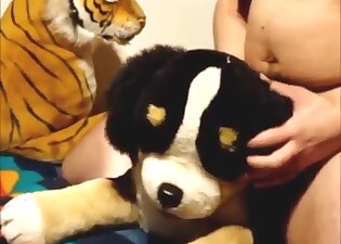 Chubby guy cannot wait to fuck a stuffed toy